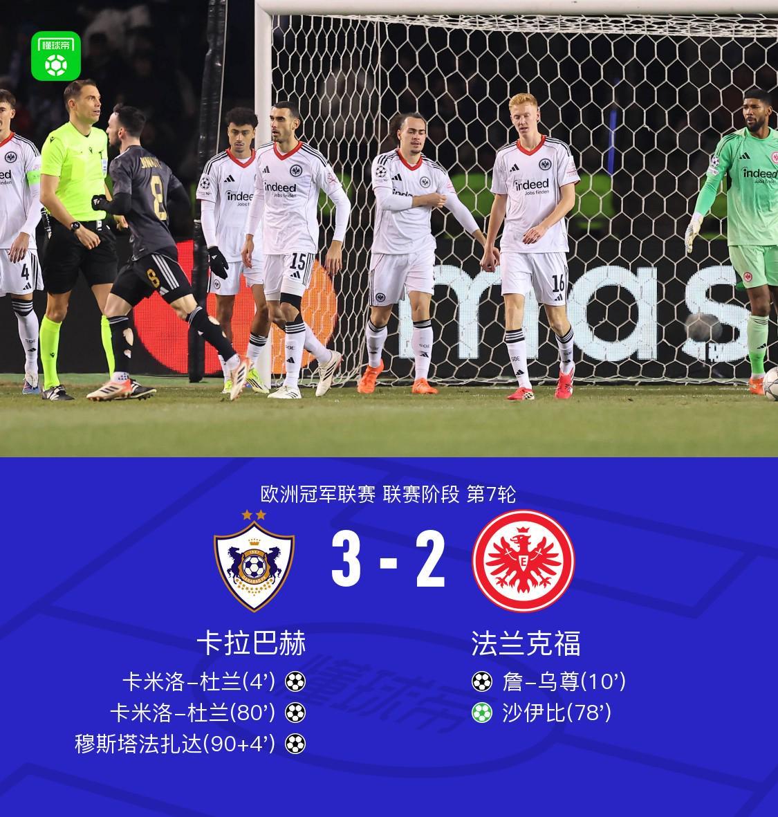 kaiyun sports-法兰克福2-3遭卡拉巴赫读秒绝杀被提前淘汰，卡米洛-杜兰梅开二度